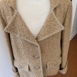 $3,000.00 CHANEL size inclusive tan/gold tweed boucle Jacket/Blazer size 48